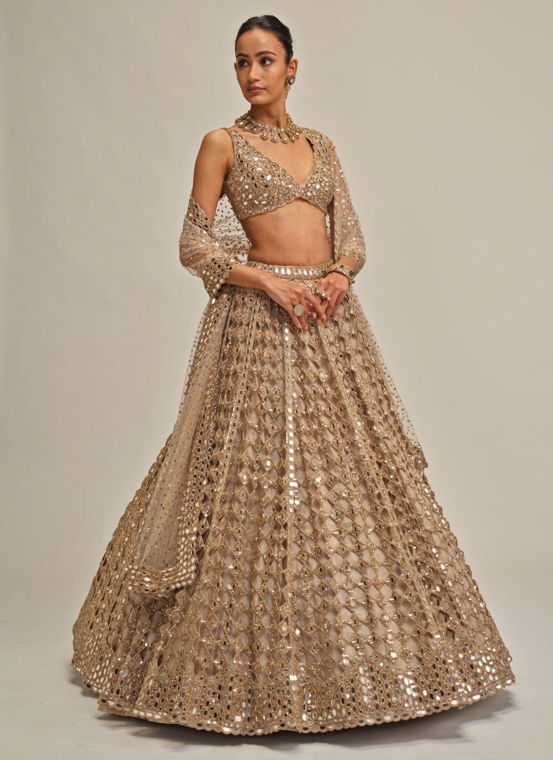 Beige Gold Diamond And Mirror Cutwork Georgette Lehenga
