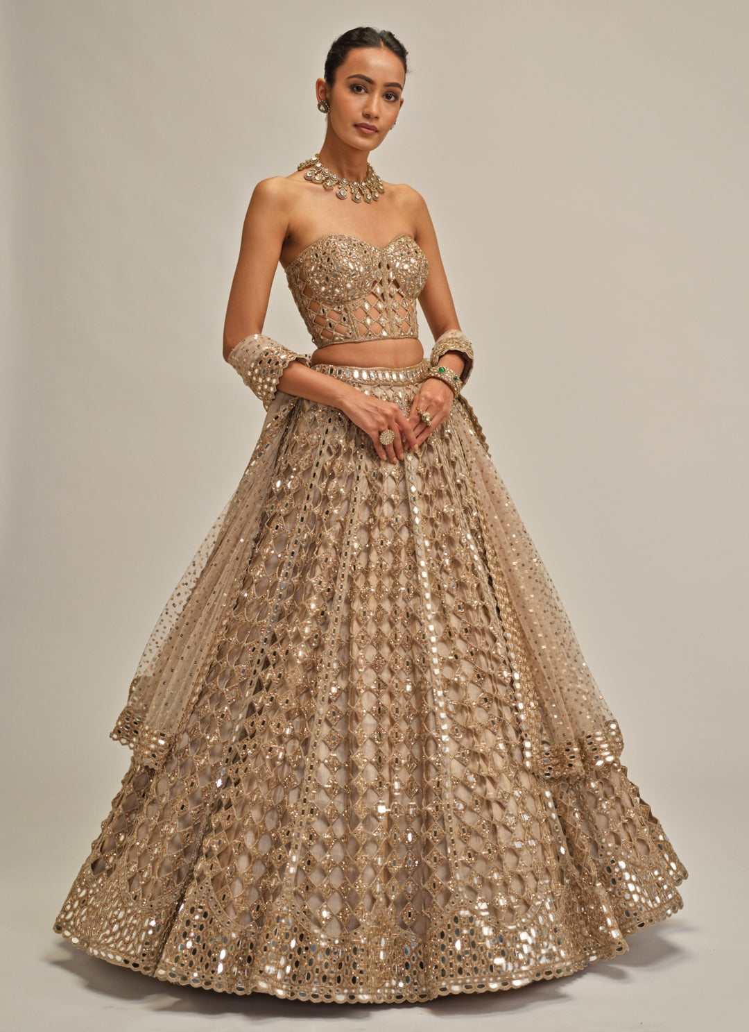 Beige Gold Diamond And Mirror Embroidered Georgette Corset Lehenga