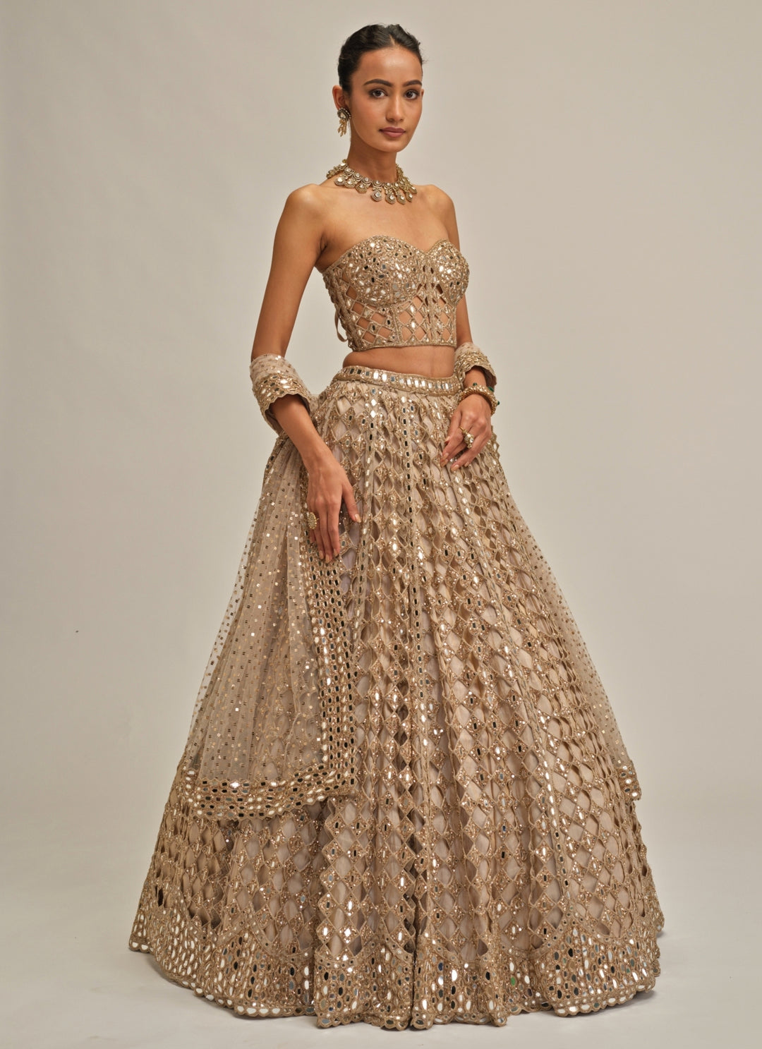 Beige Gold Diamond And Mirror Embroidered Georgette Corset Lehenga