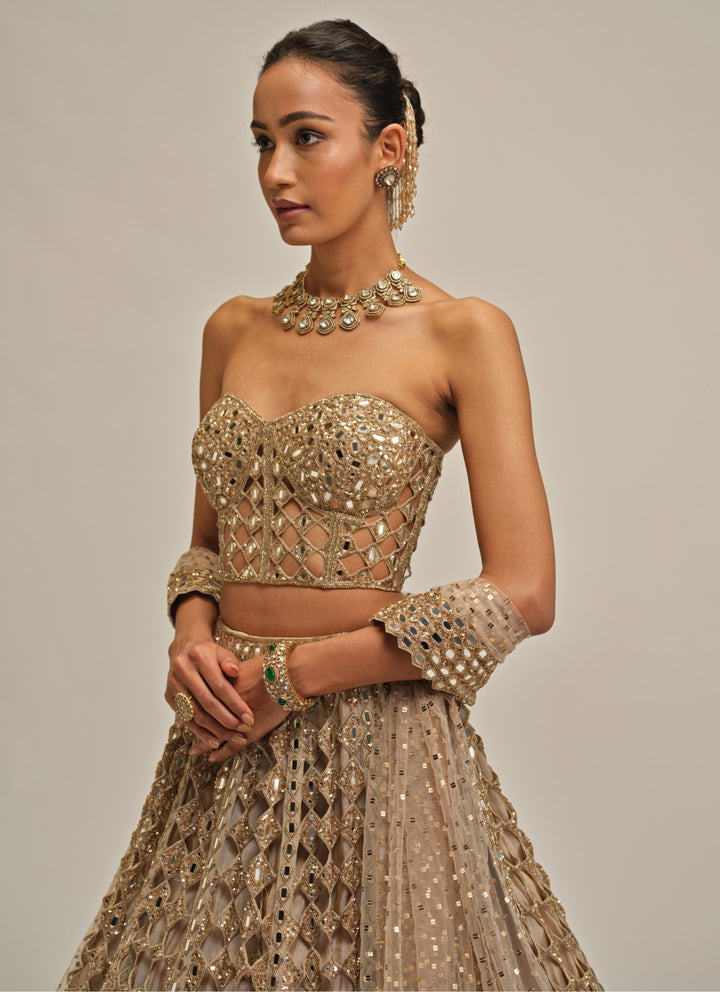 Beige Gold Diamond And Mirror Embroidered Georgette Corset Lehenga