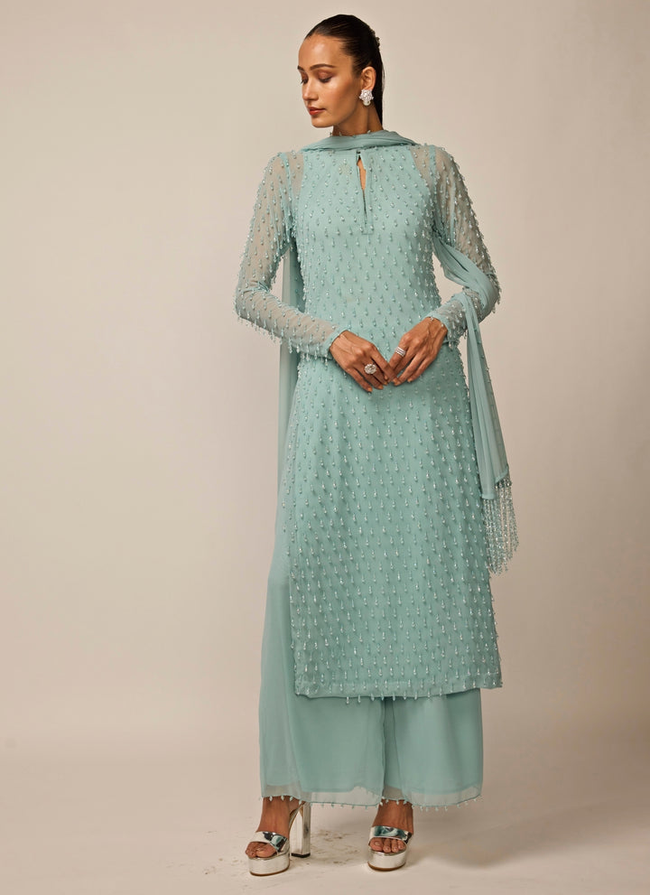 Powder Blue Pearl Drop Georgette Kurta Pants Set