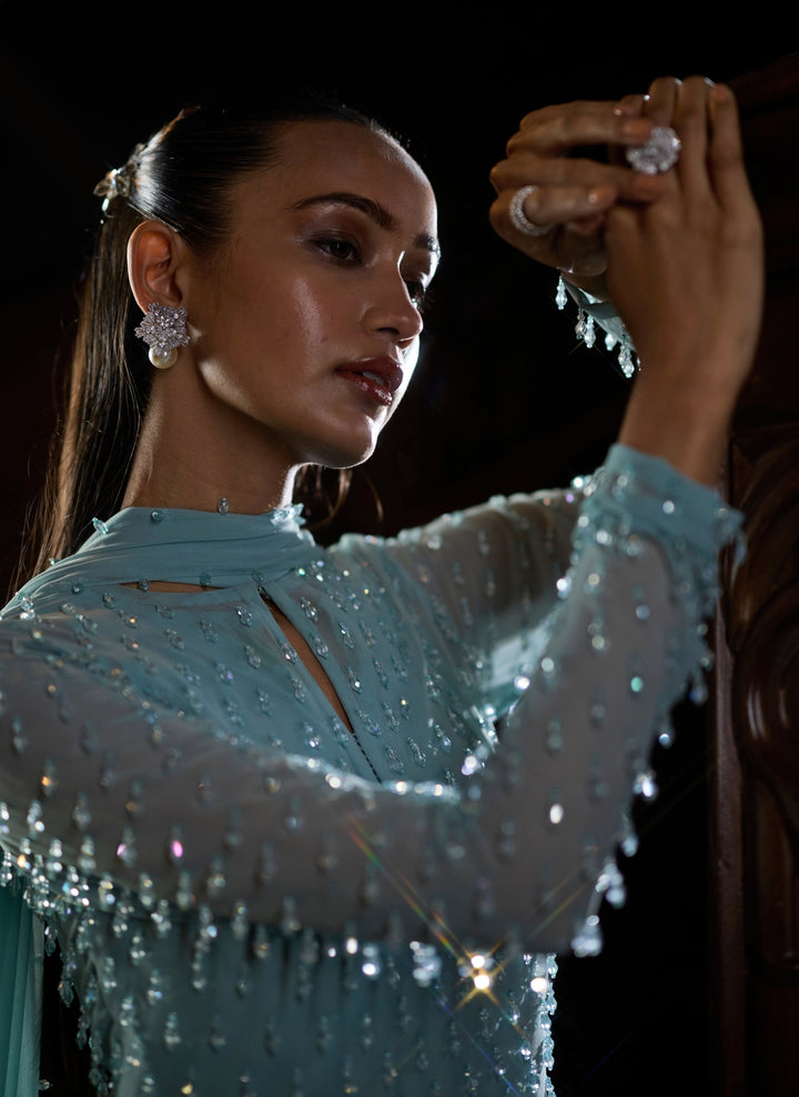 Powder Blue Pearl Drop Georgette Kurta Pants Set