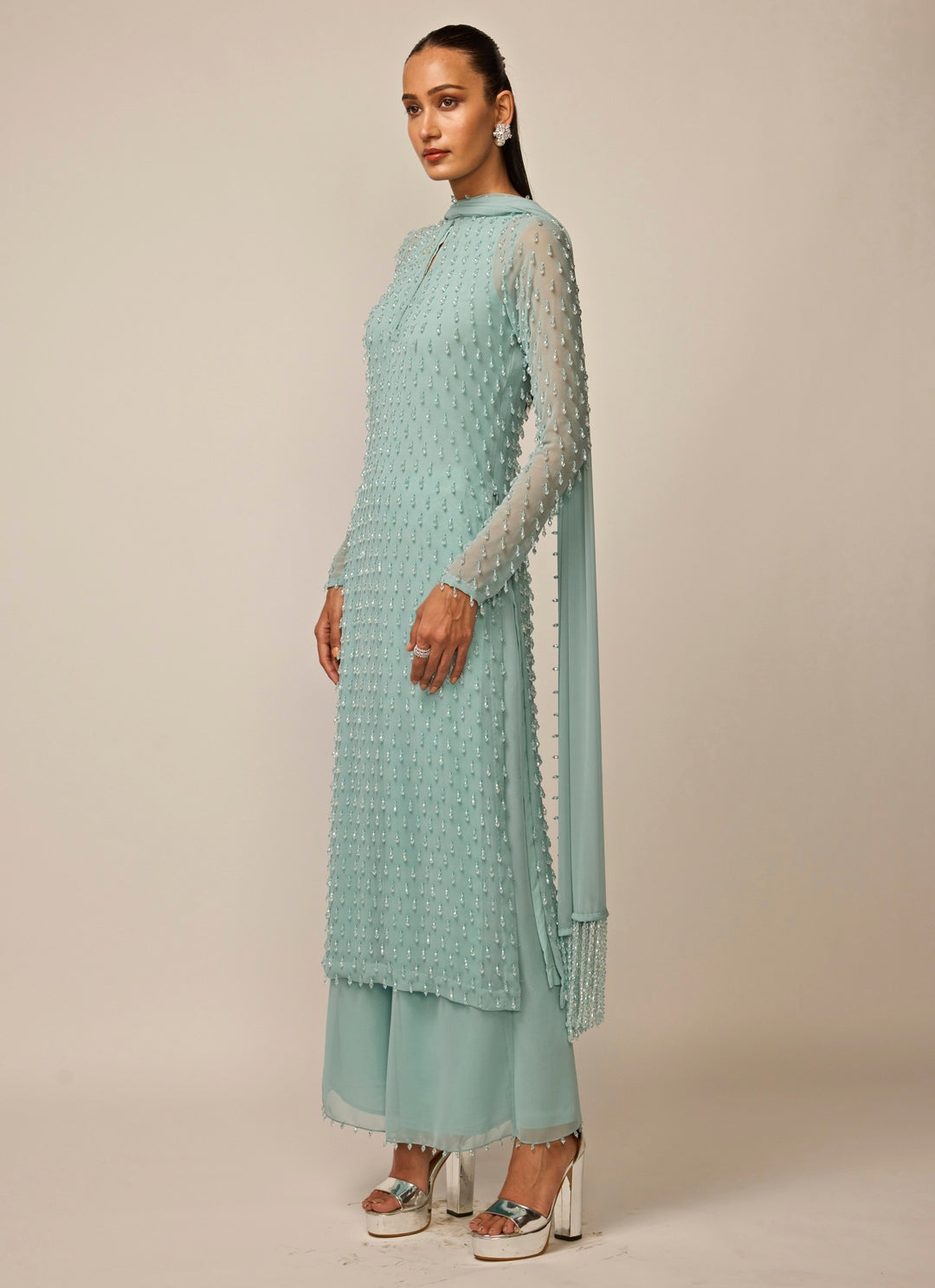 Powder Blue Pearl Drop Georgette Kurta Pants Set