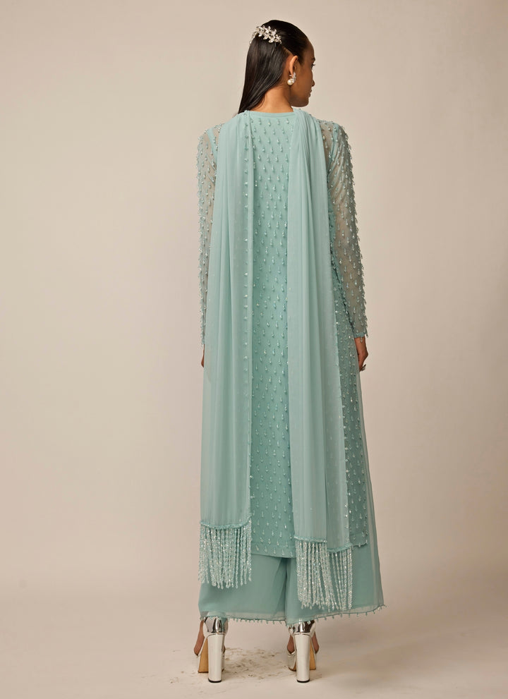Powder Blue Pearl Drop Georgette Kurta Pants Set