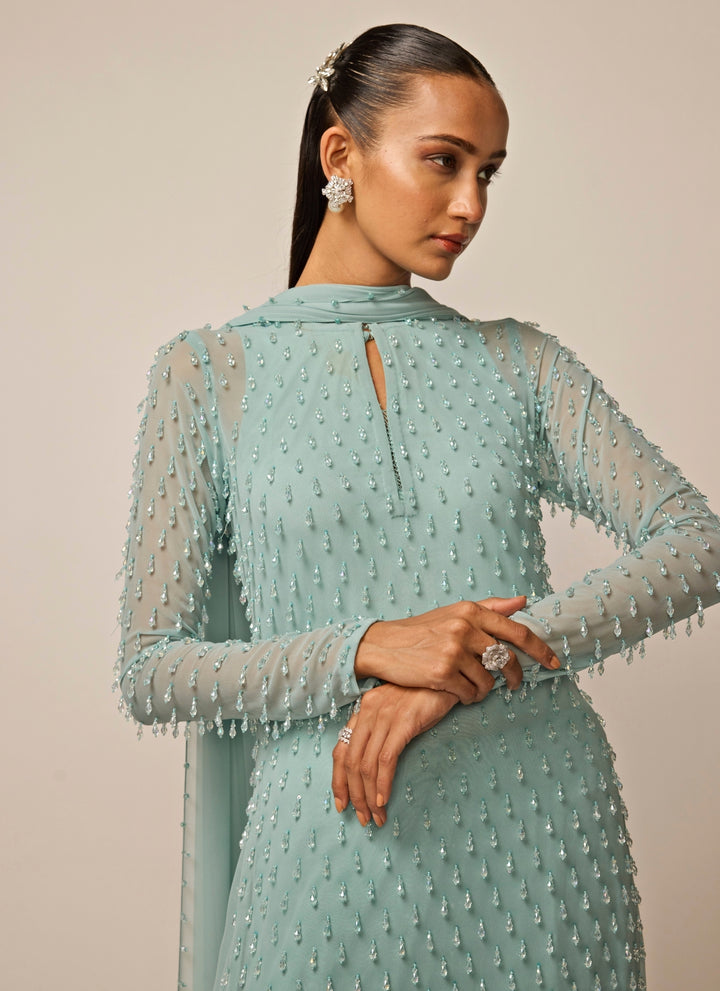 Powder Blue Pearl Drop Georgette Kurta Pants Set