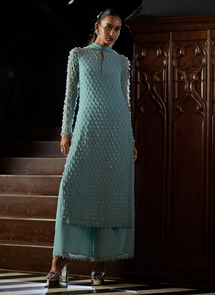 Powder Blue Pearl Drop Georgette Kurta Pants Set