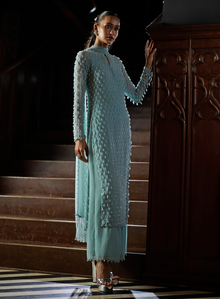 Powder Blue Pearl Drop Georgette Kurta Pants Set