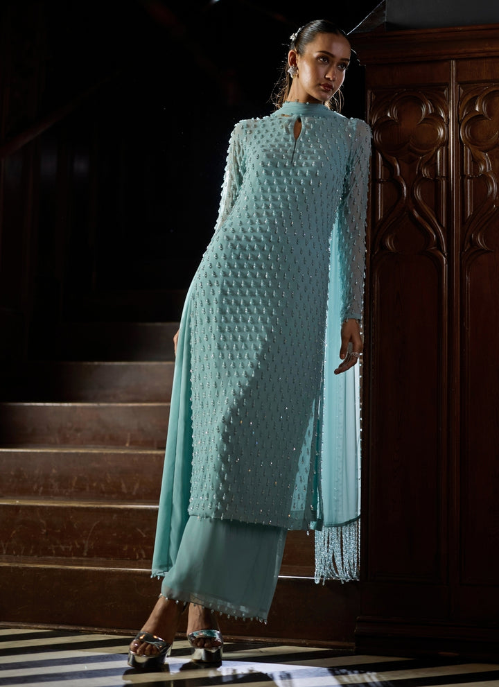 Powder Blue Pearl Drop Georgette Kurta Pants Set