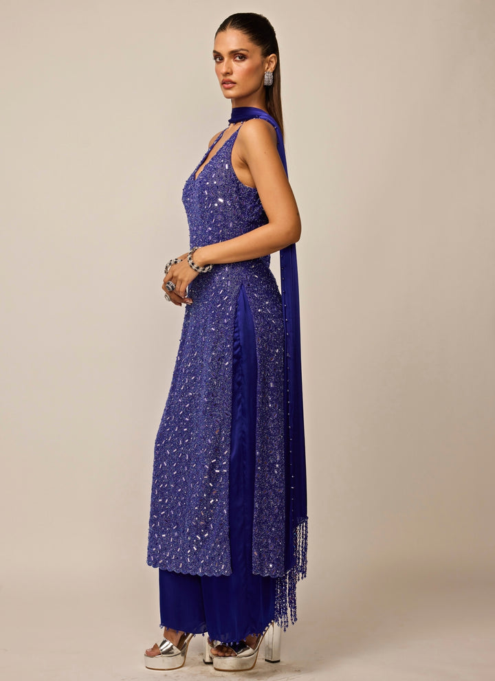 Blue Soft Net Kurta Palazzo Set