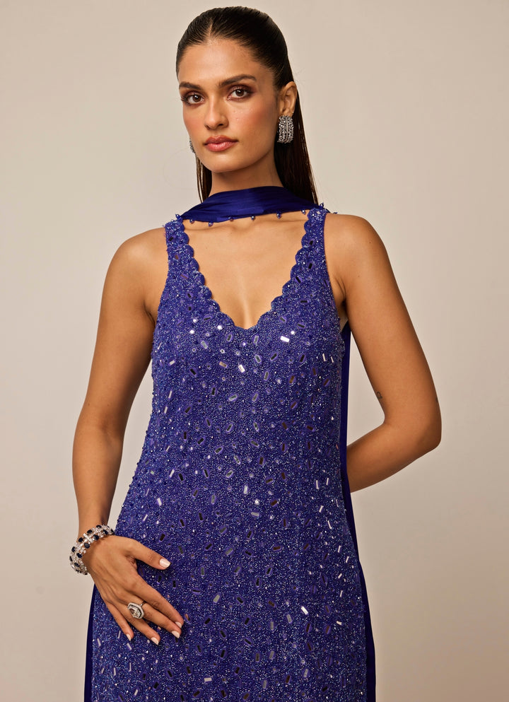 Blue Soft Net Kurta Palazzo Set