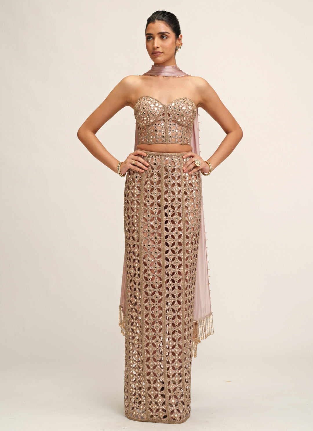 Ash Pink Georgette Pencil Skirt With Corset