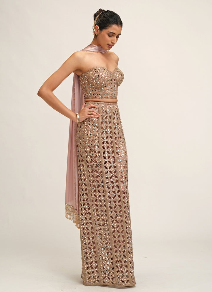 Ash Pink Georgette Pencil Skirt With Corset