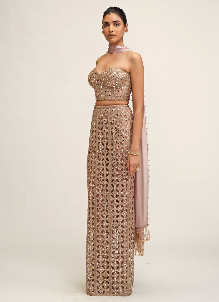 Ash Pink Georgette Pencil Skirt With Corset