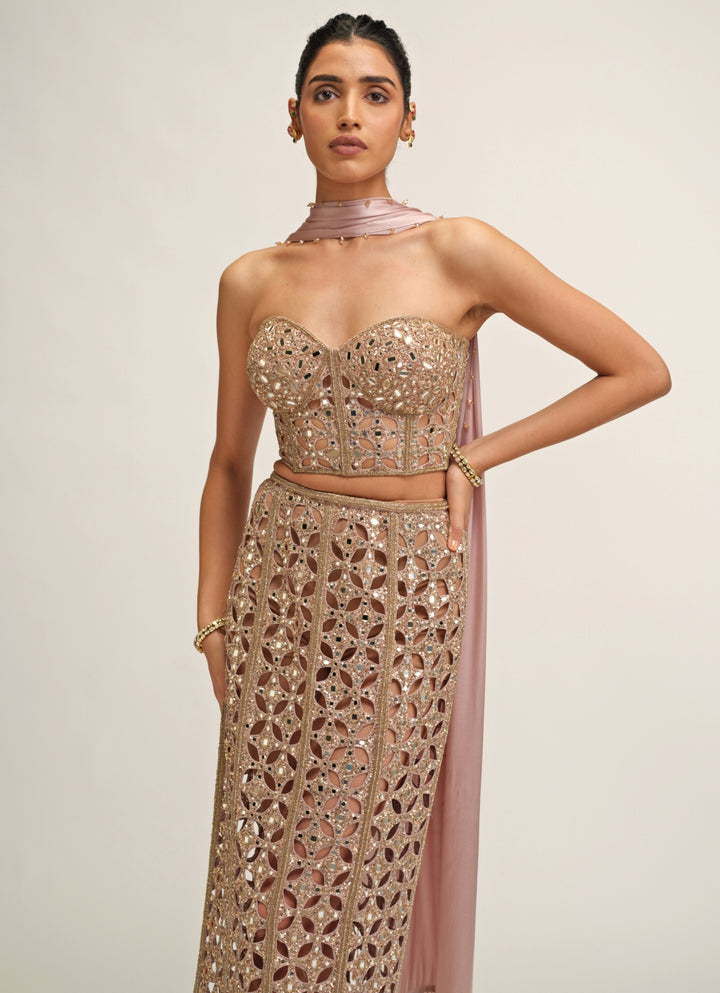 Ash Pink Georgette Pencil Skirt With Corset