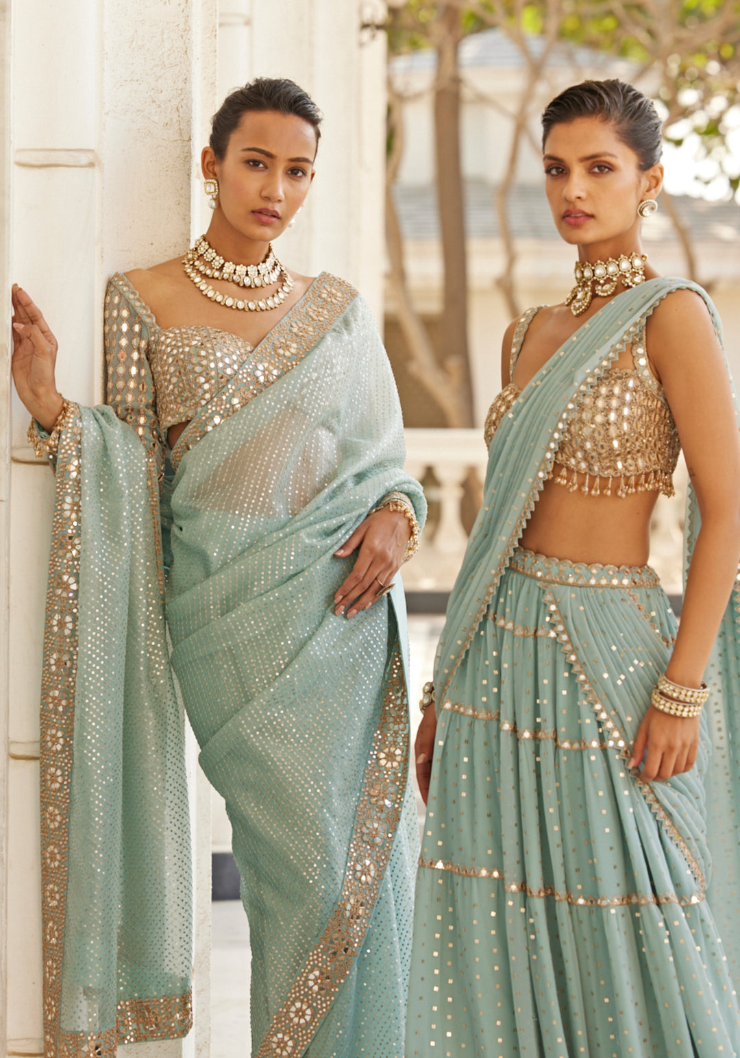 Powder Blue Organza Saree With Embroidered Mirror Blouse