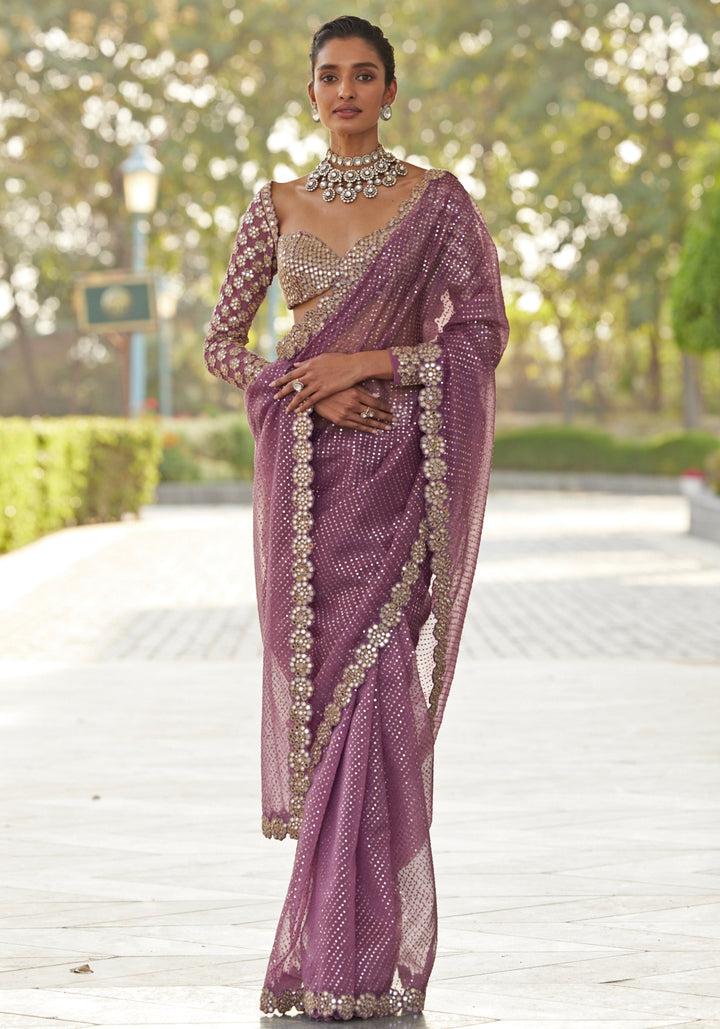 Lilac Organza Saree With Embroidered Full Sleeves Blouse