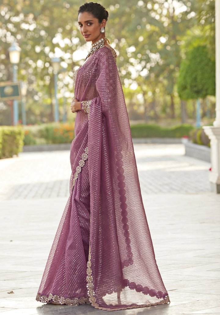Lilac Organza Saree With Embroidered Full Sleeves Blouse