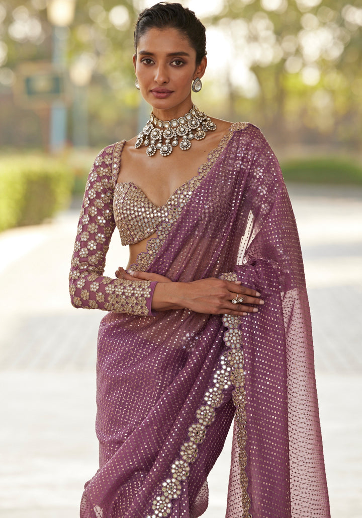 Lilac Organza Saree With Embroidered Full Sleeves Blouse