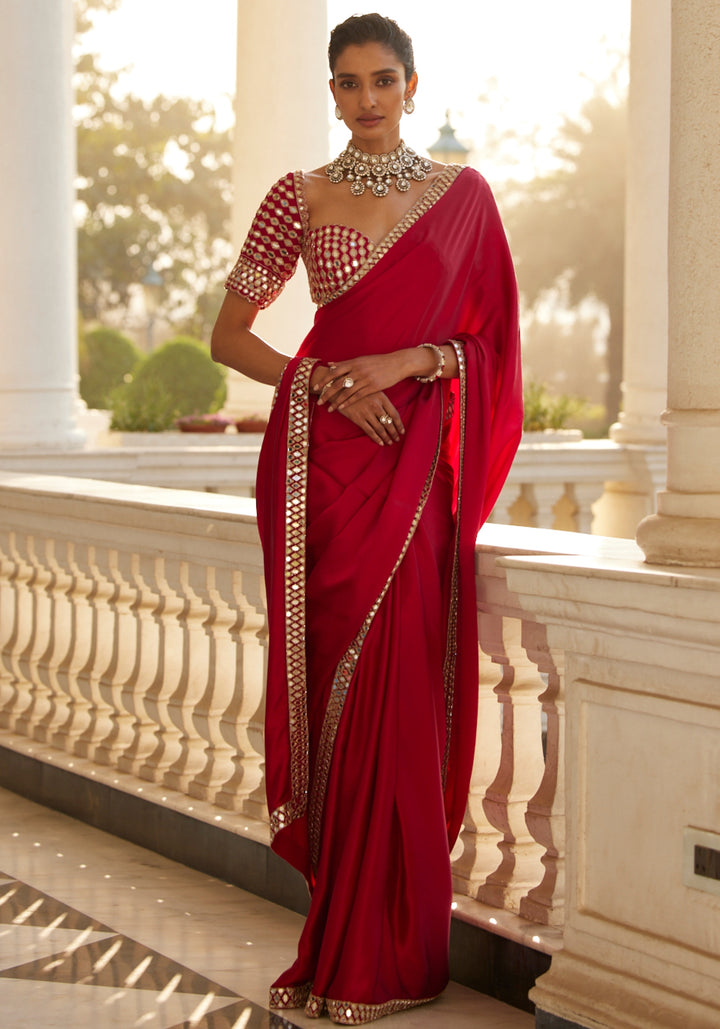 Royal Red Satin Saree With Embroidered Red Mirror Blouse