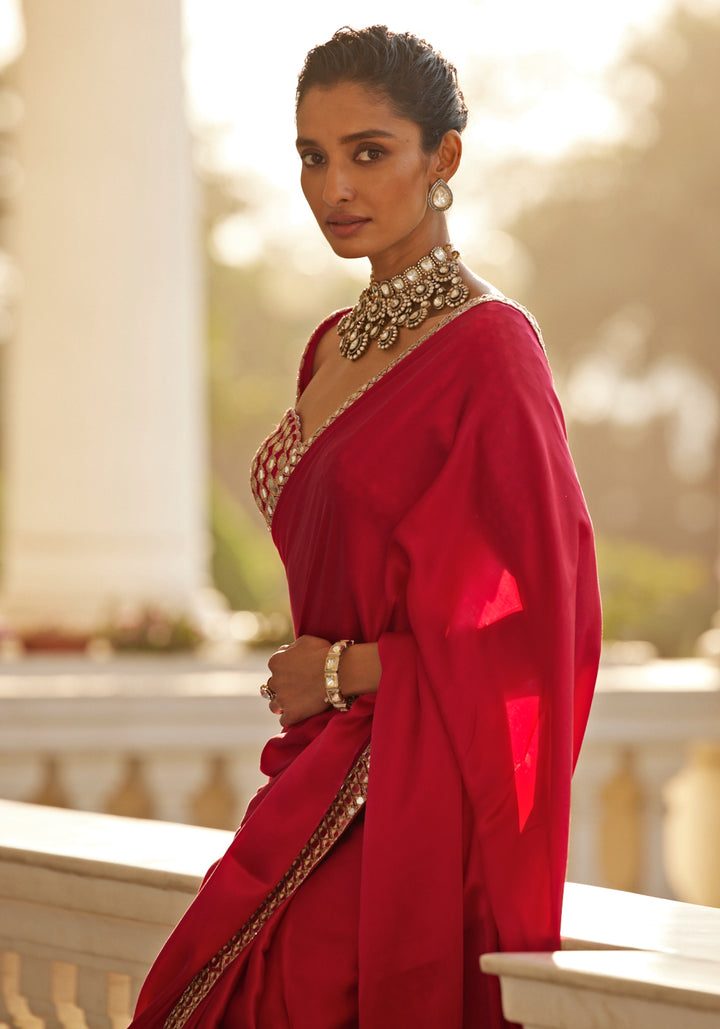 Royal Red Satin Saree With Embroidered Red Mirror Blouse