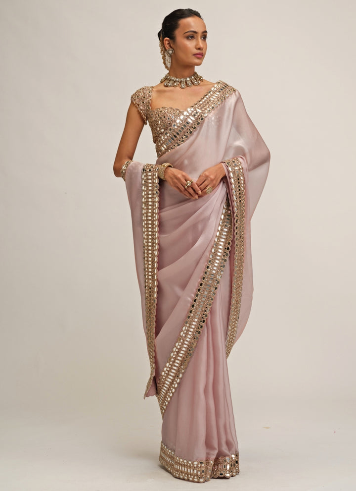Ash Pink Satin Organza Saree