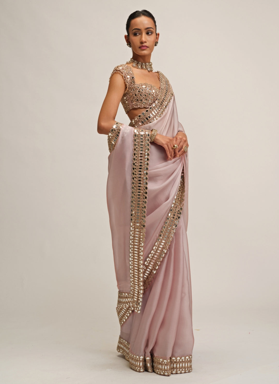 Ash Pink Satin Organza Saree