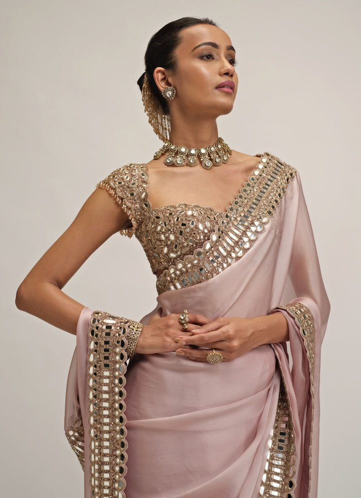 Ash Pink Satin Organza Saree