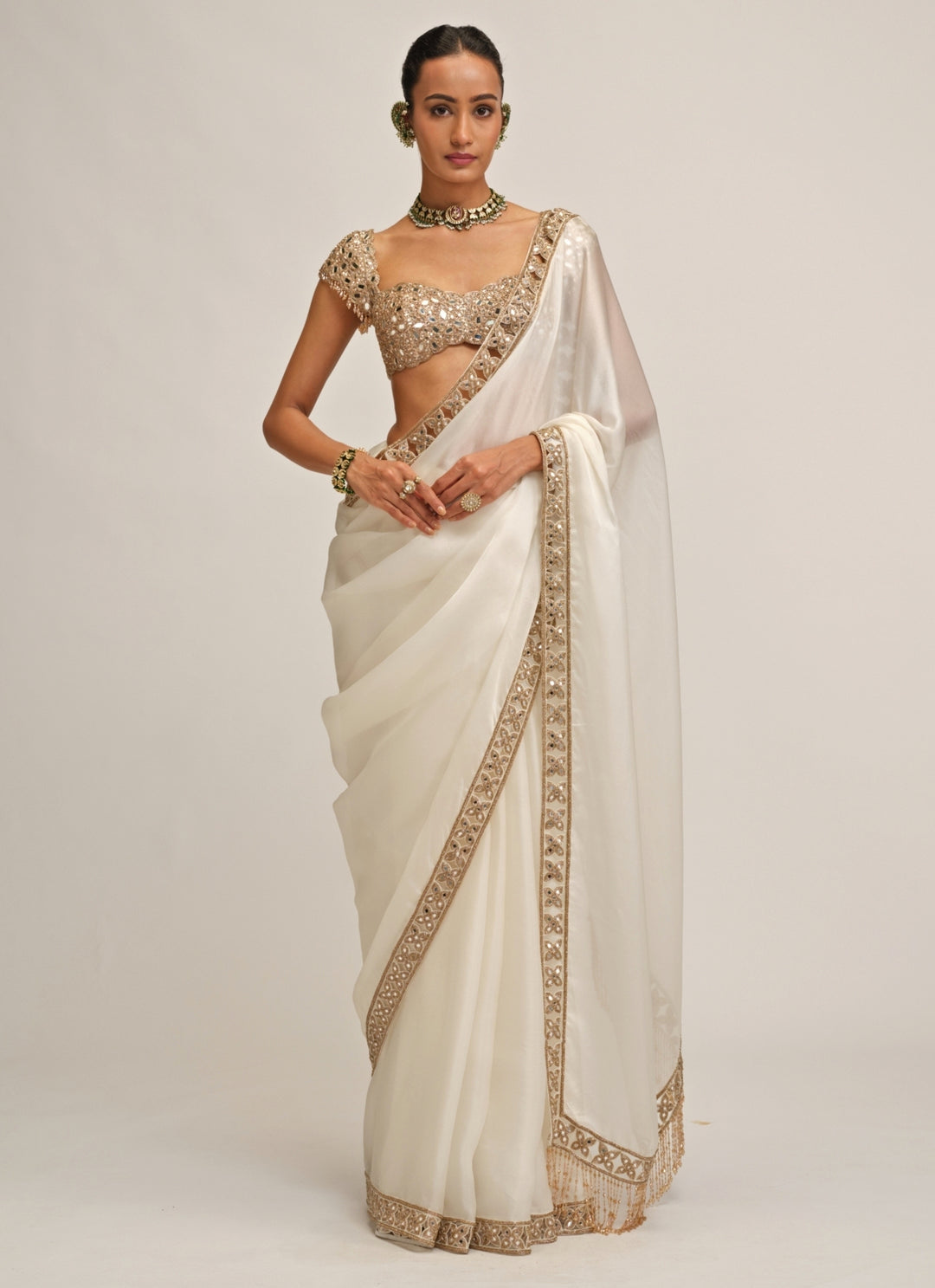 Ivory Satin Organza Saree