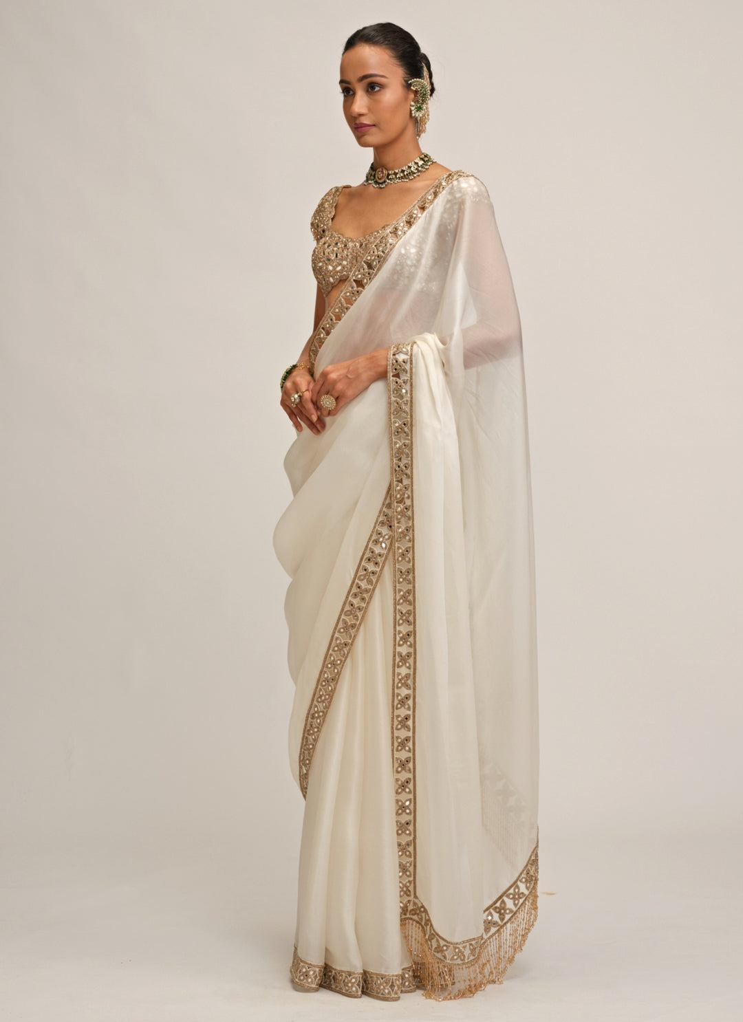 Ivory Satin Organza Saree