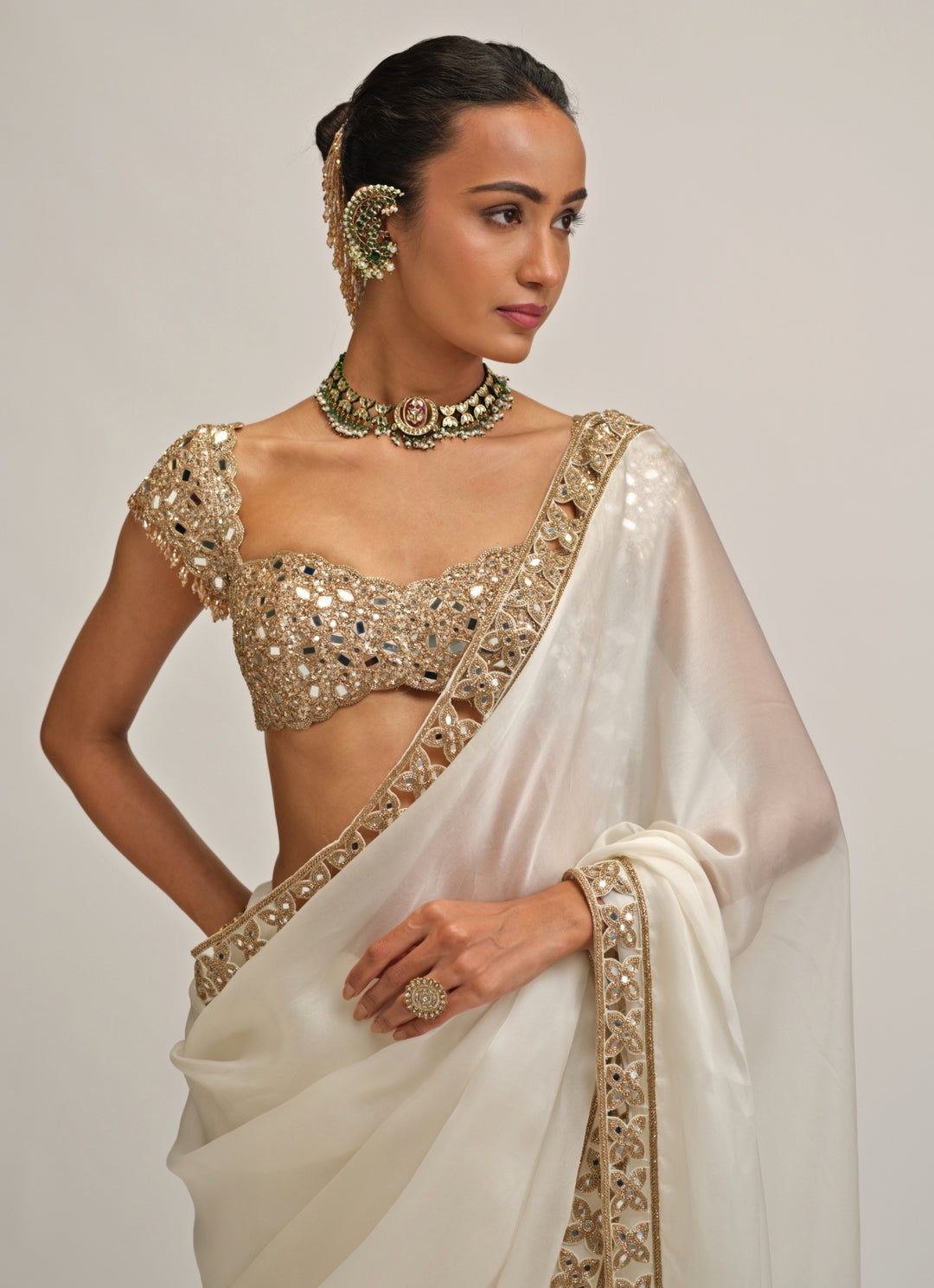 Ivory Satin Organza Saree