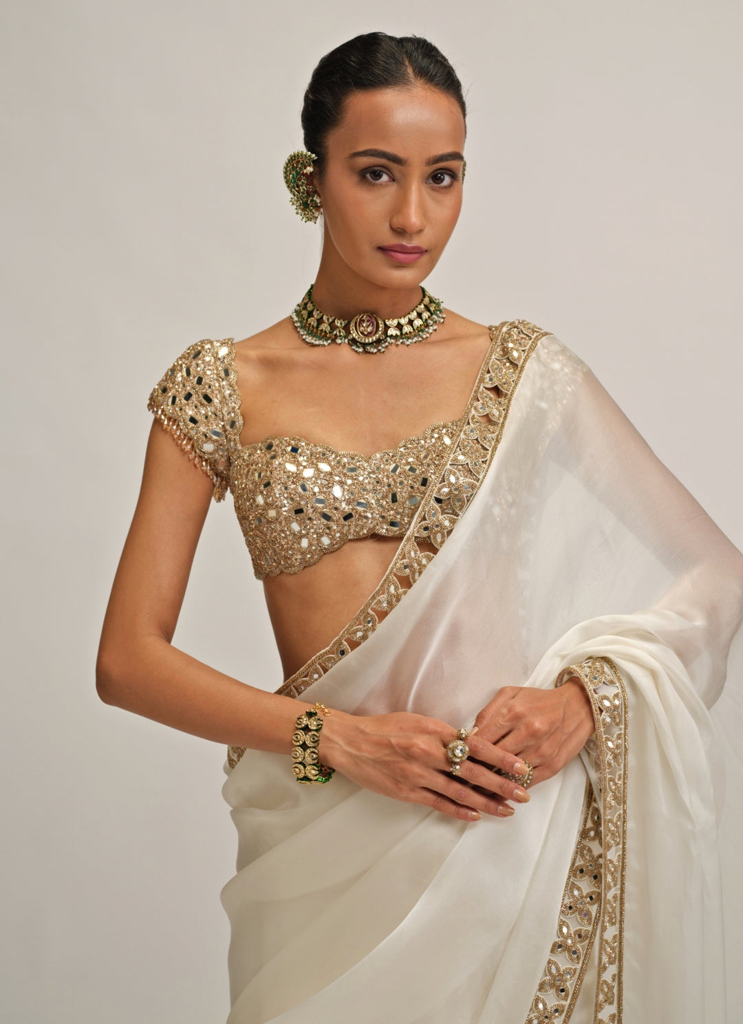 Ivory Satin Organza Saree