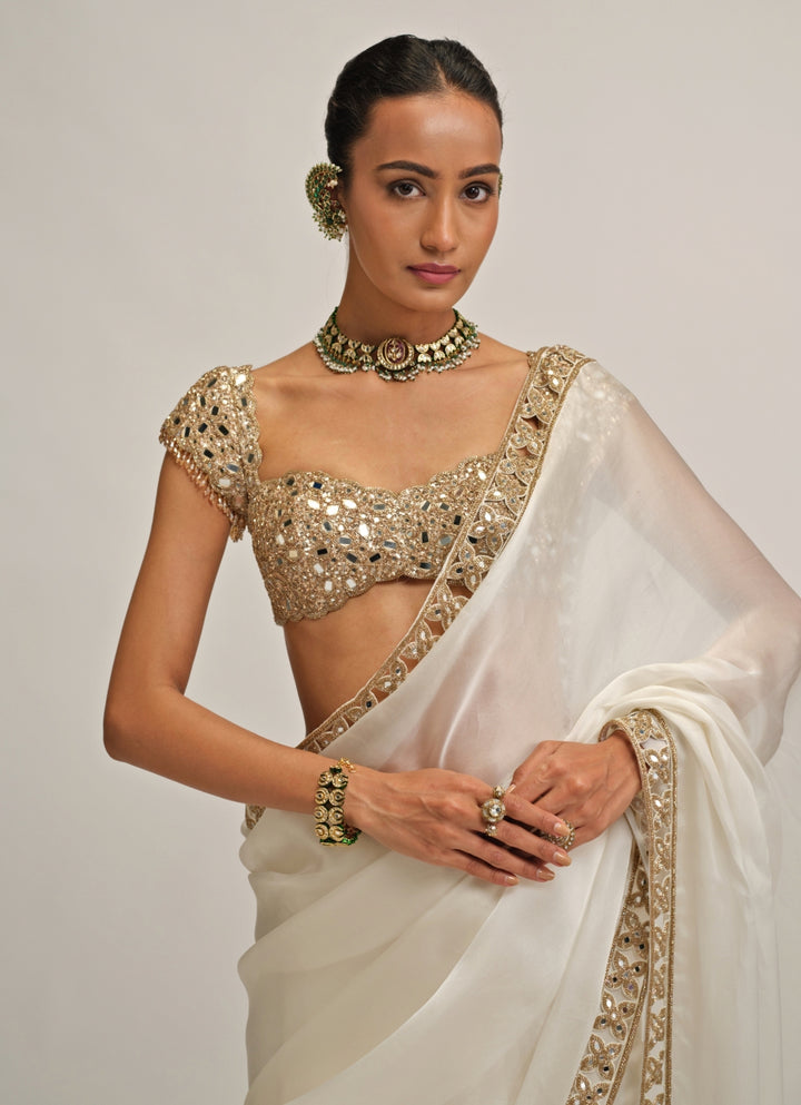Ivory Satin Organza Saree