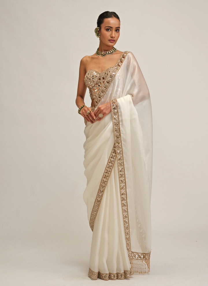 Ivory Satin Organza Saree With Corset Blouse