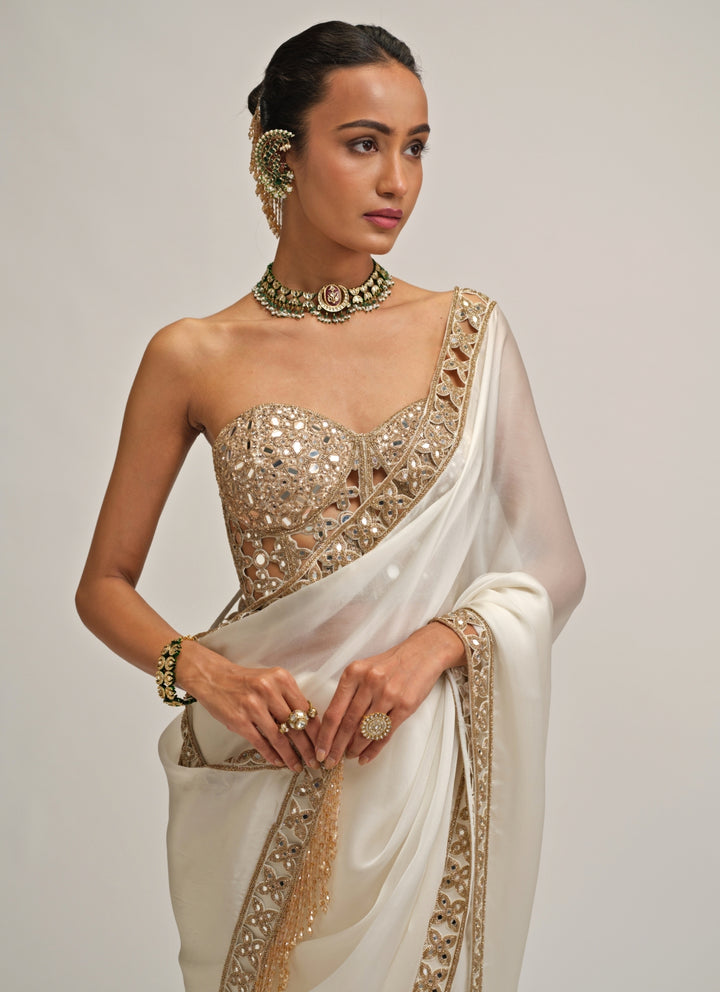 Ivory Satin Organza Saree With Corset Blouse