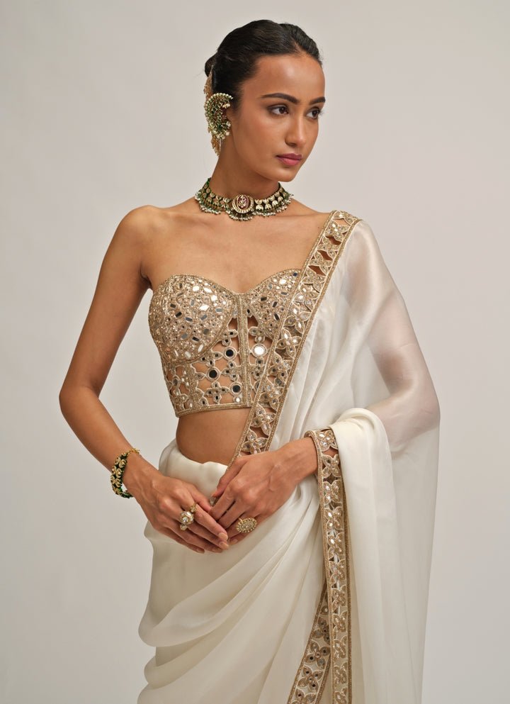Ivory Satin Organza Saree With Corset Blouse