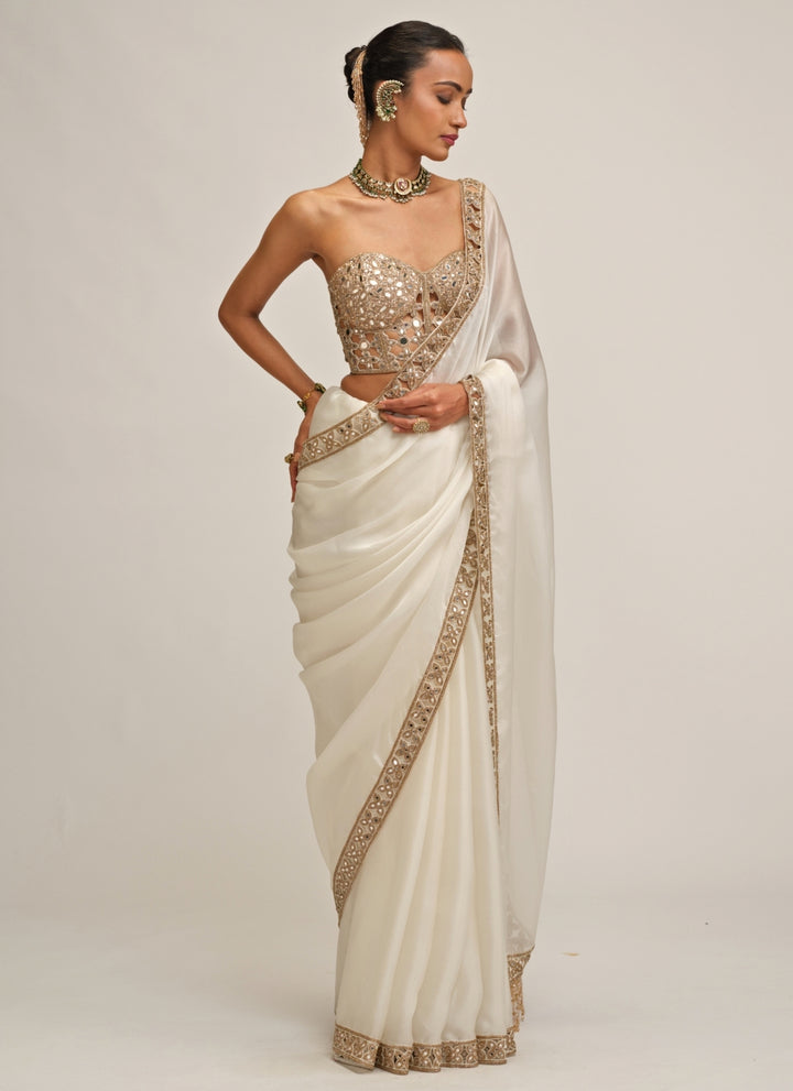 Ivory Satin Organza Saree With Corset Blouse