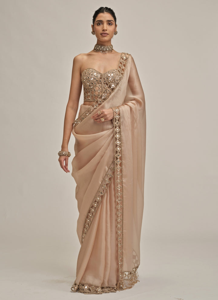 Beige Gold Satin Organza Saree With Corset Blouse