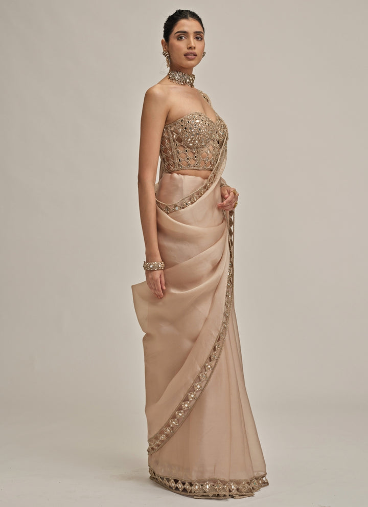 Beige Gold Satin Organza Saree With Corset Blouse