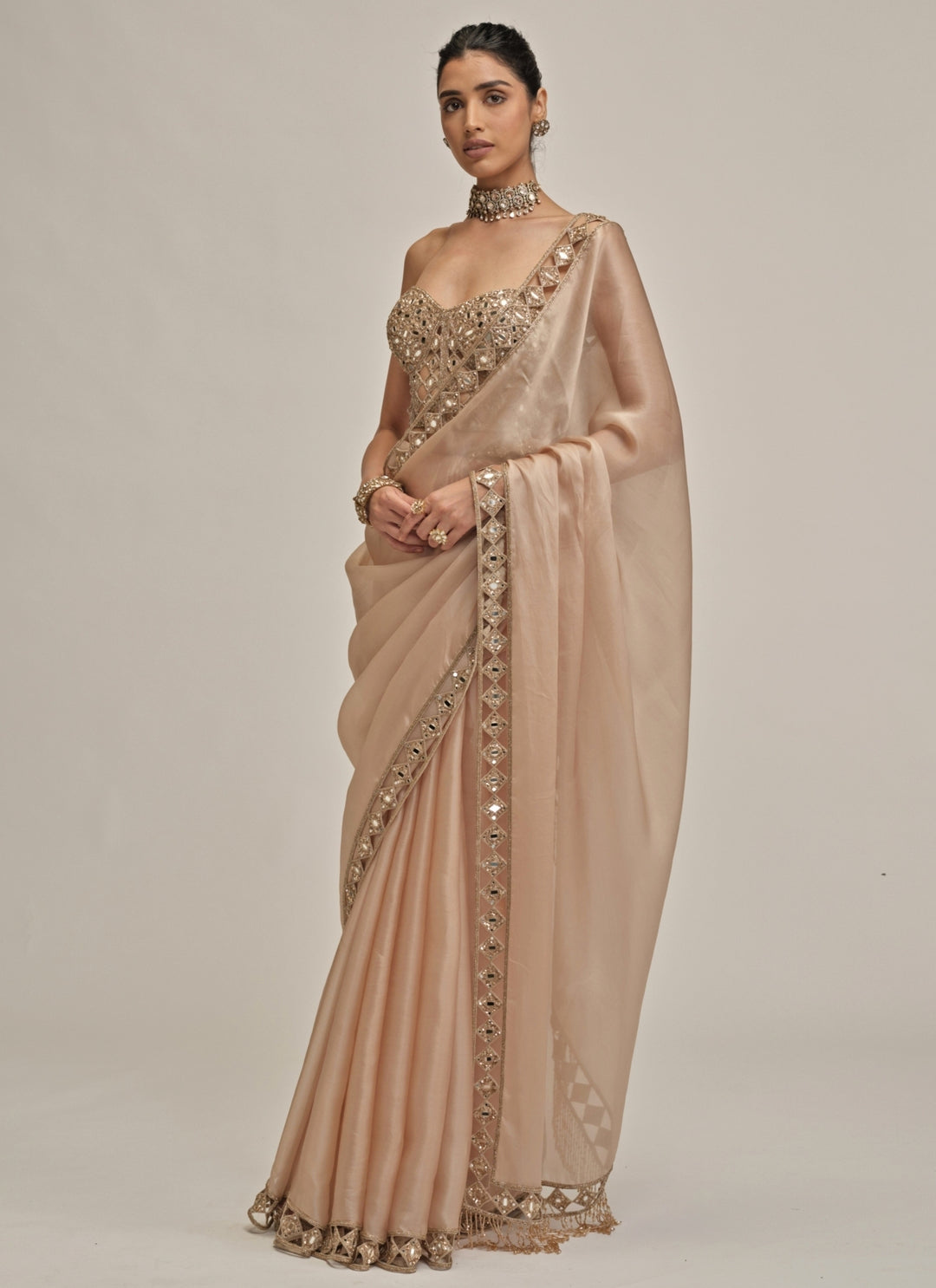 Beige Gold Satin Organza Saree With Corset Blouse