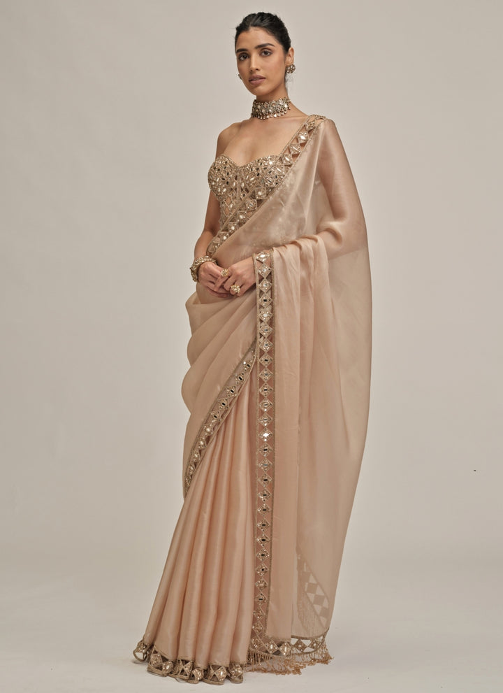 Beige Gold Satin Organza Saree With Corset Blouse