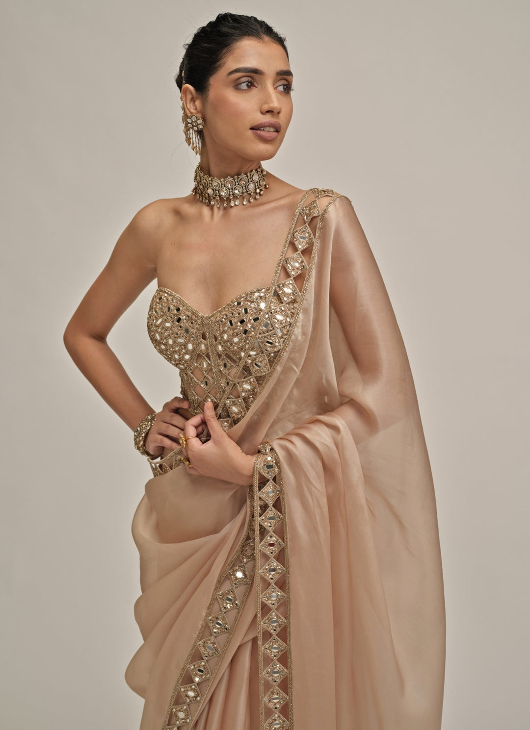 Beige Gold Satin Organza Saree With Corset Blouse