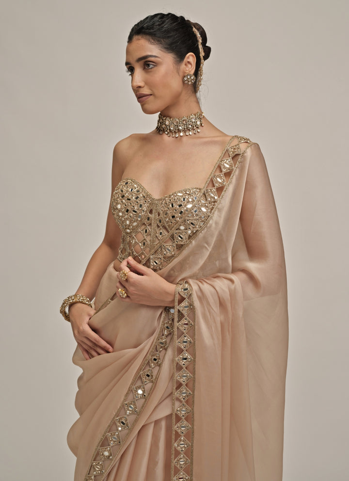 Beige Gold Satin Organza Saree With Corset Blouse
