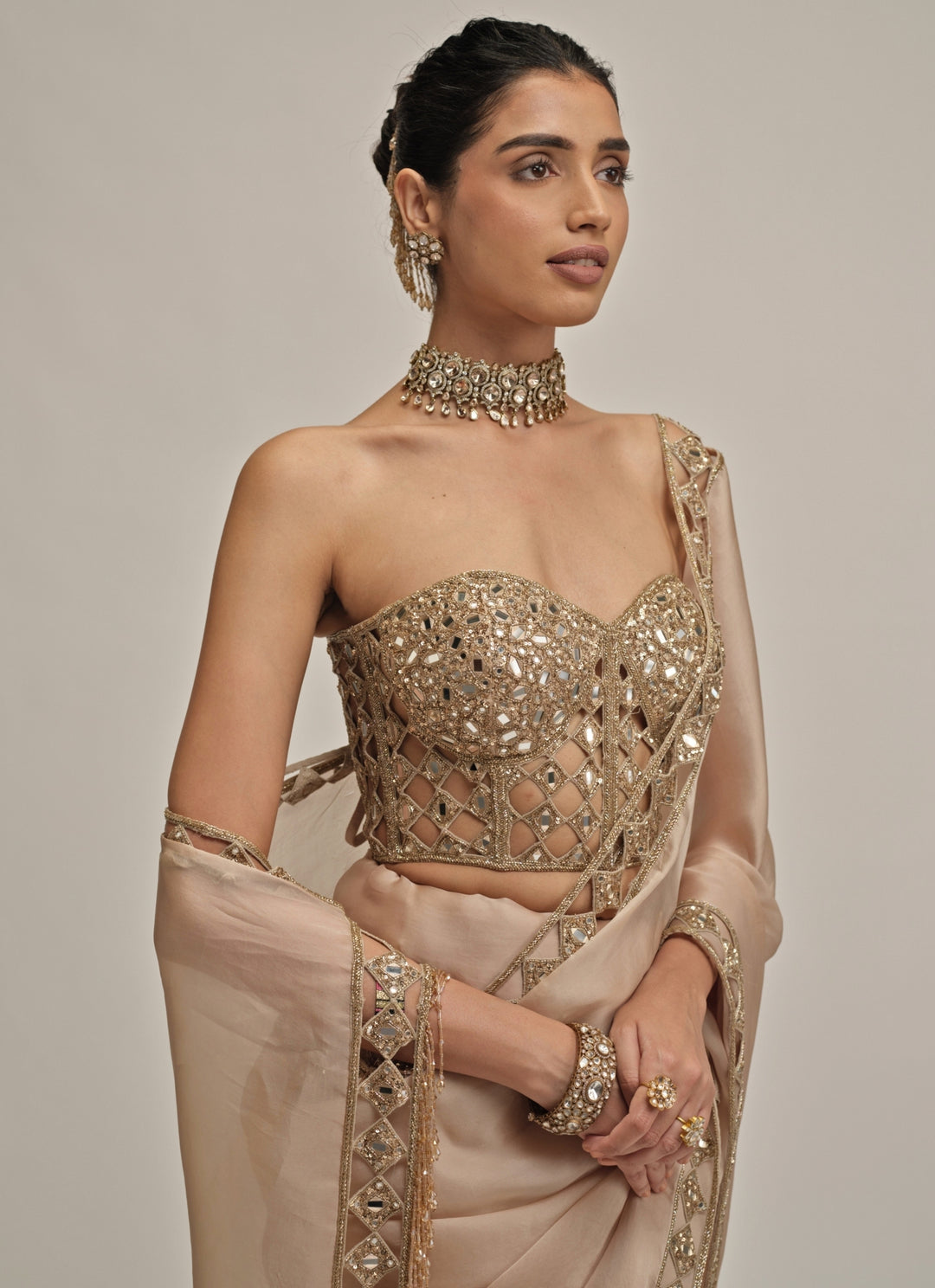 Beige Gold Satin Organza Saree With Corset Blouse