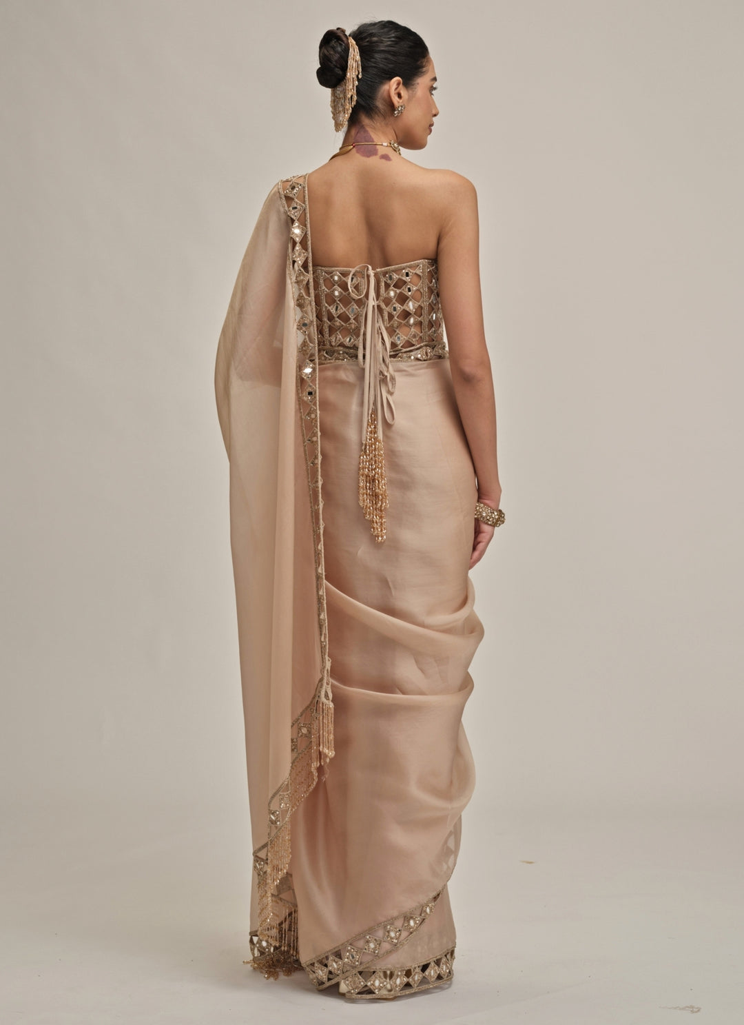 Beige Gold Satin Organza Saree With Corset Blouse