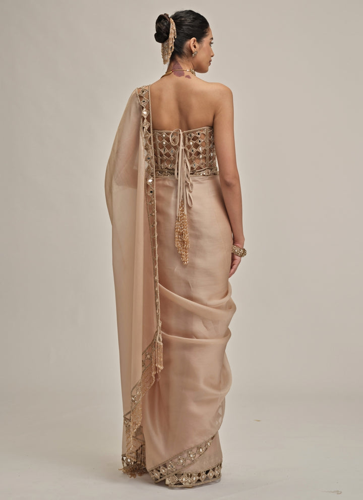 Beige Gold Satin Organza Saree With Corset Blouse
