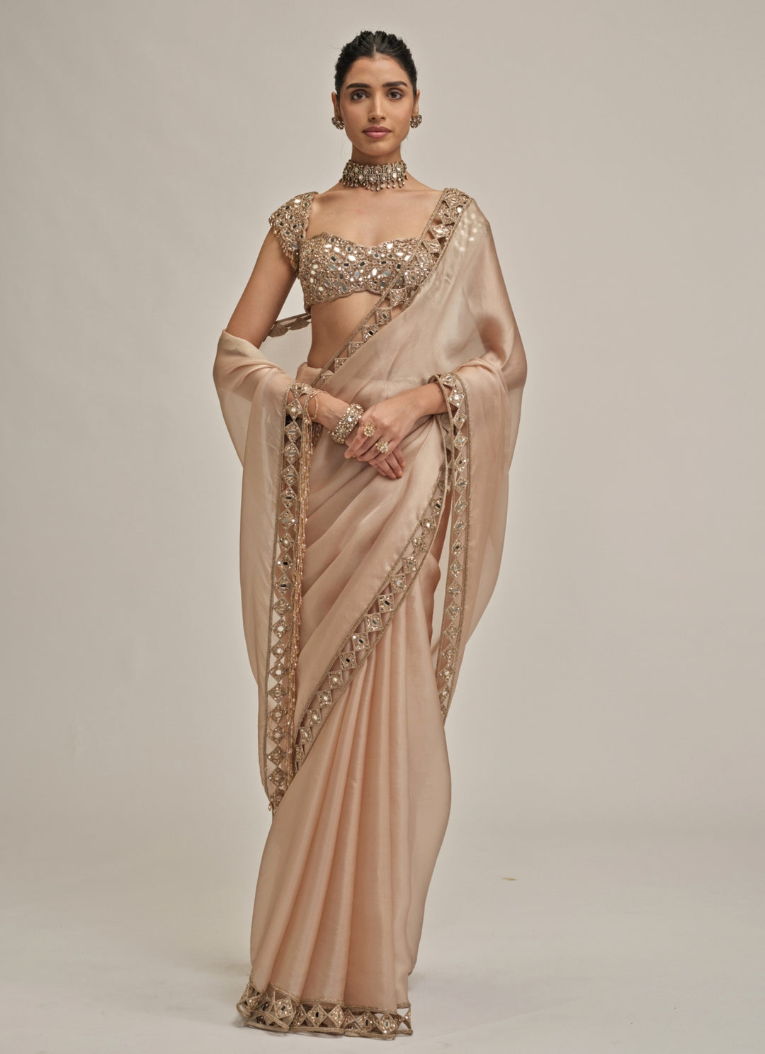 Beige Gold Diamond Cutwork Satin Organza Saree