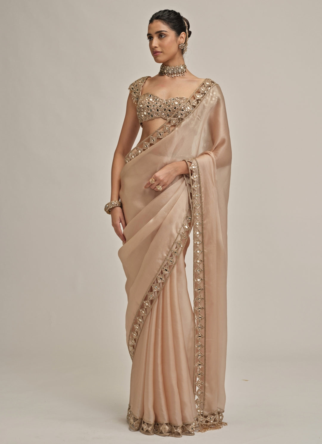 Beige Gold Diamond Cutwork Satin Organza Saree