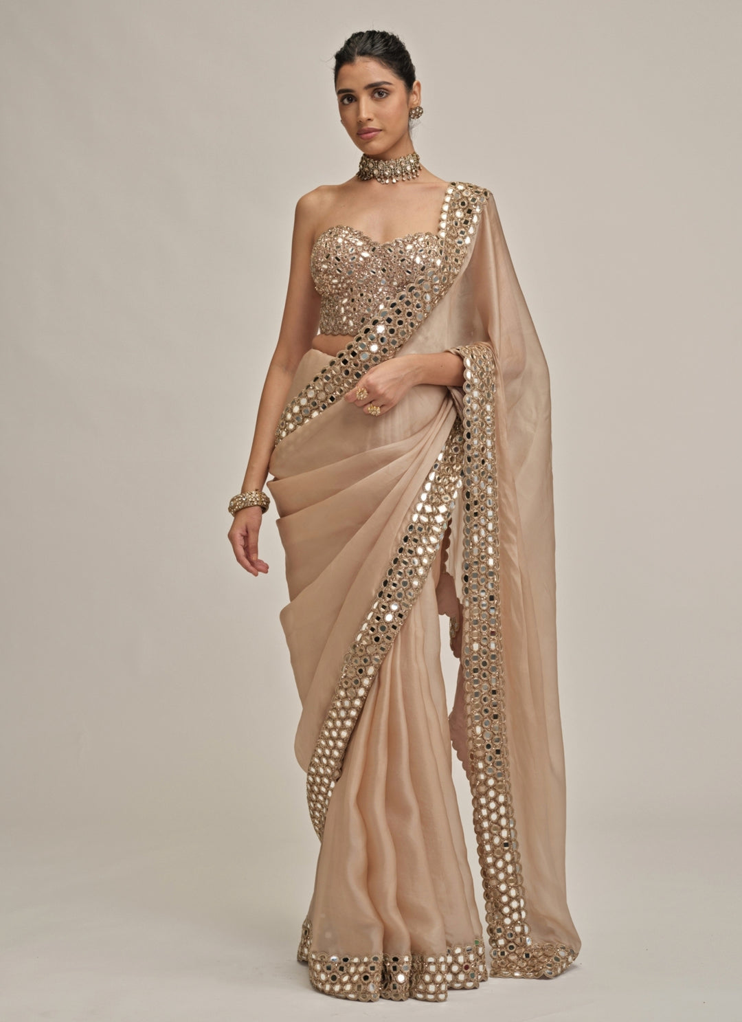 Beige Gold Satin Organza Saree With Corset