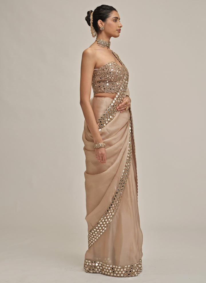 Beige Gold Satin Organza Saree With Corset