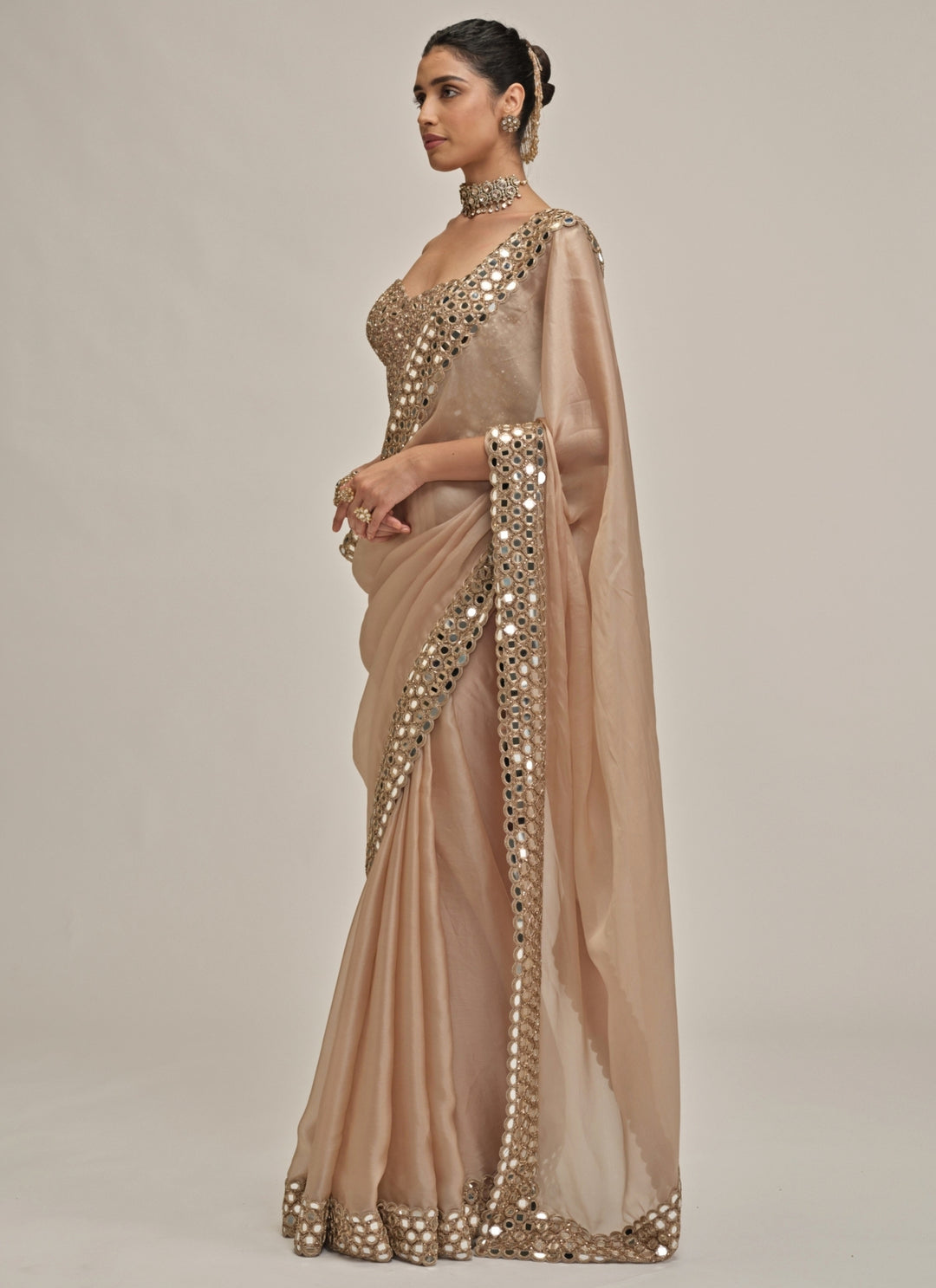 Beige Gold Satin Organza Saree With Corset